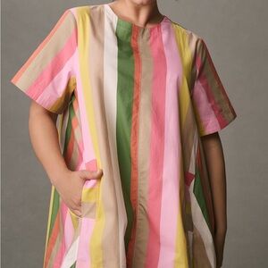 Anthropologie Emmy Short-Sleeve Striped swing mini dress -Pink, Green, Yellow